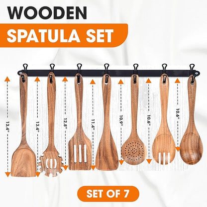 Cheer Collection Wooden Utensil Set - 7 Piece Cooking Utensils, Teak Wooden Spoons & Spatulas for Cooking, Heat Resistant, Non-Stick, and Safe Wooden Cooking Utensils