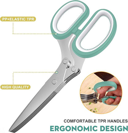 Updated 2025 Herb Scissors Set - Cool Kitchen Gadgets for Cutting Fresh Garden Herbs - Herb Cutter Shears with 5 Blades and Cover, Sharp and Anti-rust Stainless Steel, Dishwasher Safe (Blue-White)