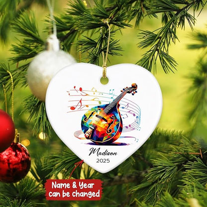 Personalized Name & Year Mandolin Ceramic Ornament Gifts for Music Lovers, Mandolin Player Xmas Tree Ornaments, Custom Mandolinist Ornaments 2025, Instrument Ceramic Ornament Decor Christmas Hanging