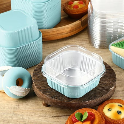 Aoriher 150 Pieces 10 oz Mini Cake Pans with Lids Aluminum Foil Baking Cups Square Disposable 4" x 4" Large Cupcake Cups Baking Tins for Kitchen Brownie Pudding Desserts Holders(Light Blue)
