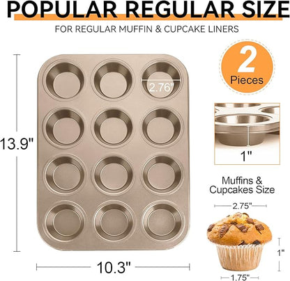 Cupcake Pan Nonstick 2 Pack (Gold, Standard 12 cup)