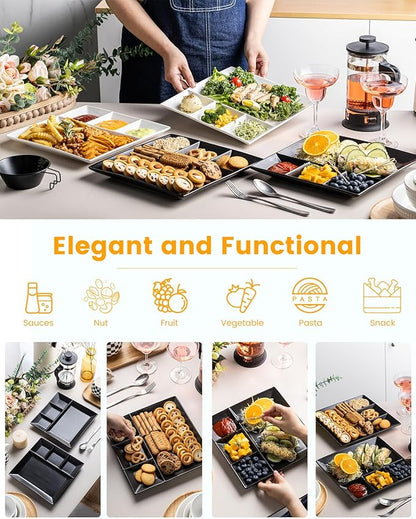 LAUCHUH Divided Serving Platters, 11 x 11 inch Porcelain Chip & Dip Serving Set Dinner Serving Tray 4 -Compartment Serving Dishes for Thanksgiving, Candy, Nuts,Veggies, Snacks and Sauce, Black