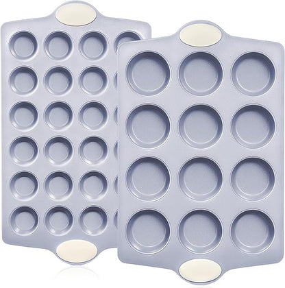BRONYPRO Ceramic Muffin Pan, 12-Cup and 24-Cup Nonstick Aluminized Steel Mini Cupcake Pans, Healthy Non-Toxic Ceramic Coating Muffin Tin, 2 Pack Cup Cake Pans for Baking Cream