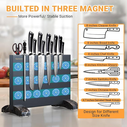 Magnetic Knife Block Without Knives, Black Stainless Steel Magnetic Knife Holder Stand with Strong Knife Magnet Double Side Knife Magnetic Strip Knife Storage Organizer for Kitchen Counter Top