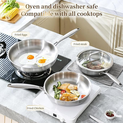 DELARLO Tri-ply Stainless Steel Frying Pan Set with Lid 10" 12" Induction large Skillets Chef's Pan,Pots and Pans Set Kitchen Cookware Set Suitable for All Stove