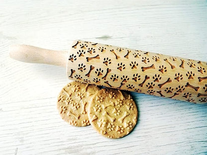 PAW and BONE EMBOSSING ROLLING PIN LASER ENGRAVED PATTERN with PAWS and BONES for EMBOSSED COOKIES or PASTA