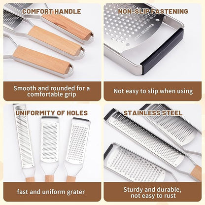 SHIKORI Professional Cheese Graters for Kitchen Stainless Steel Handheld, Metal Lemon Zester Grater With Wood Handle For Cheese, Chocolate, Spices, Kitchen Gadgets And Tools-3 Pcs