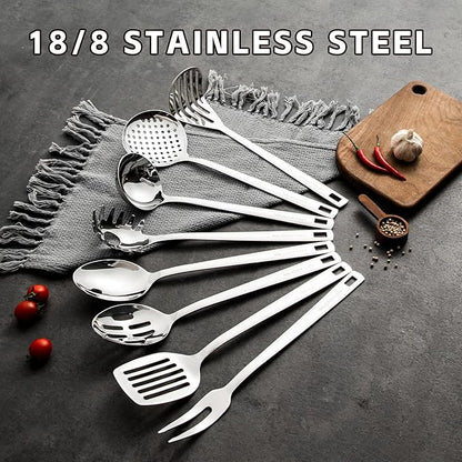 18/8 Stainless Steel Cooking Utensil set, 8 Pieces Metal Kitchen Utensils set, Slotted Spoon,Meat Fork,Ladle,Skimmer,Spatula,Spaghetti Server,Large Spoon,Masher (Dishwasher Safe, Silver)