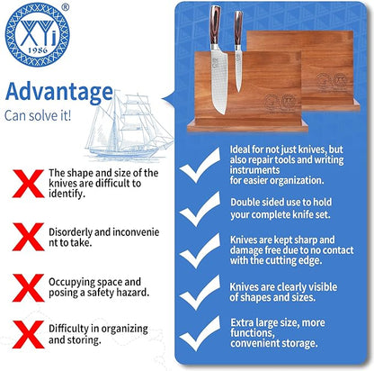 XYJ Magnetic Knife Block Holder Rack Acacia Wood Magnetic Stands with Strong Enhanced Magnets Multifunctional Knife Holder Kitchen Storage Organizer Tool Accessories
