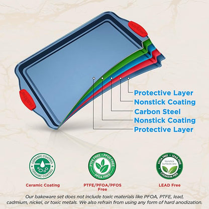 NutriChef 3-Piece Nonstick Cookie Sheets for Baking - Premium Carbon Steel Baking Trays w/ Non-Stick Smooth Coating & Silicone Handles - Large, Medium, & Small Bakeware - Blue
