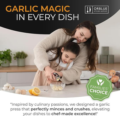ORBLUE Garlic Press Stainless Steel - Premium Professional Grade Garlic Mincer, Crusher & Peeler Set - Easy Clean, Dishwasher Safe & Rust-proof, Black