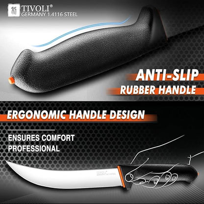 TIVOLI 6 PCS Professional Butcher Knife Set, Game Processing Knife Set, Non-Slip Softgrip, German Stainless Steel, Skinning Boning Trimming Poultry Knife Set For Meat Cutting, Incl 7" Sharpener Rod