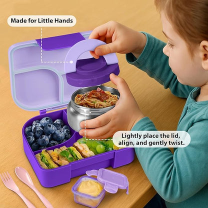 TinyPalsa Bento Box for Kids, 3 Compartment Kids Lunch Box with 10oz Leak Proof Thermos Food Jar, Easy-Open Latch, Dishwasher Safe, Ideal for School, Daycare, Travel with Portable Handle (Purple)