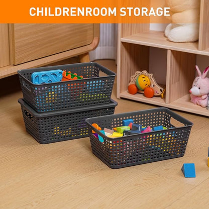 Plastic Storage Baskets With Lid, Storage Bins for Organizing, Stackable Decorative Containers for Shelves Drawers Desktop Closet Playroom Classroom Office, 6 Pack-Grey