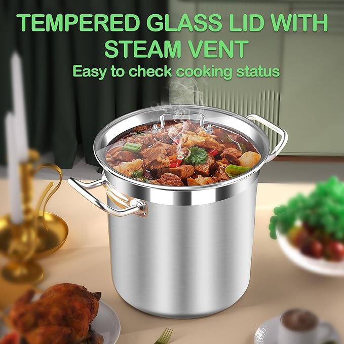 Stainless Steel Stock Pot with Lid – 24 Quart (6 Gallon) Heavy-Duty Cooking Pot for Soup, Stew, Pasta – Commercial & Home Use, Easy to Clean