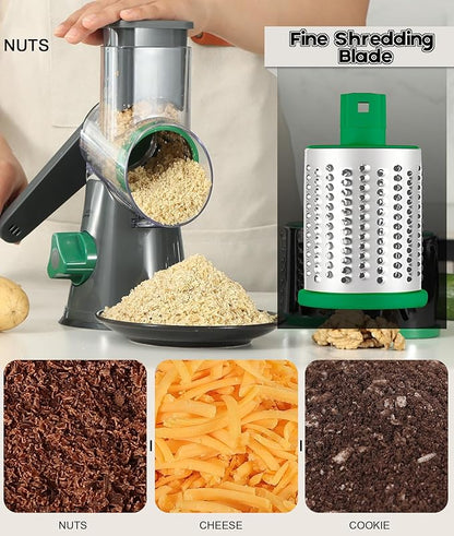 Ourokhome Rotary Cheese Grater Hand Crank, Kitchen Shredder Speed Mandolin Slicer Nuts Grinder with Handle and Drum Blades for Cheese, Vegetable, Walnuts, Chocolate, Potato, Carrot, 3 Blades, Gray
