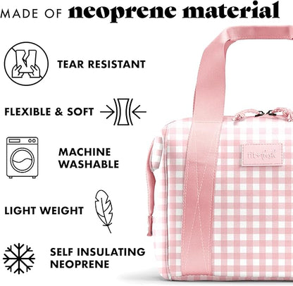 Fit & Fresh Remi Neoprene Lunch Bag For Women - Meal Prep Kit with Containers & XL Ice Pack, Self Insulating Neoprene-like Material, Machine Washable Lunch Bag, Tear & Stain-Resistant, Pink Gingham