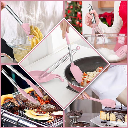 E-far Silicone Cooking Utensils Set, 30 Pcs Heat Resistant Kitchen Utensils with Stainless Steel Handle, Heat Resistant Kitchen Spatulas Turner Tong Spoon Whisk Ladle for Nonstick Cookware, Pink