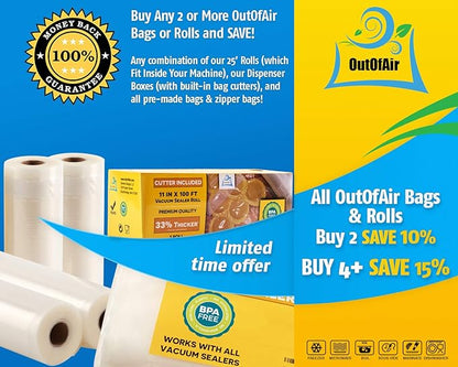 OutOfAir 11" x 100' Vacuum Sealer Bags Rolls & Dispenser Cutter Box - BPA Free, 4 mil thick - Great for Sous Vide - Works with Food Saver Machines