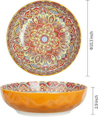 75 Oz Serving Bowls,Bohemian Style Large Porcelain Dishes for Entertaining Parties,Big Bowls for Eating Soup, Salad, Pasta, Fruit, Chips, 10.3 Inch Diameter (orange Beige)