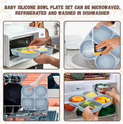Silicone Baby Feeding Set, Baby Led Weaning Supplies, Baby Food Tableware Silicone Suction Plate, Bowl, Spoons, Fork, Waterproof Bib, Cup & Complementary Food Cake Mold, Baby Eating Utensils