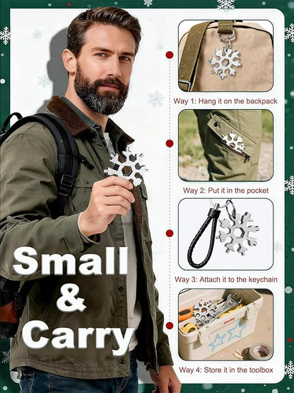 18-in-1 Snowflake Multi Tool – Stainless Steel with Bottle Opener & Wrench,Compact EDC Tool for Camping,Fishing,Hiking, Stocking Stuffers,Gifts for Men,Dad,Husband (Silver)