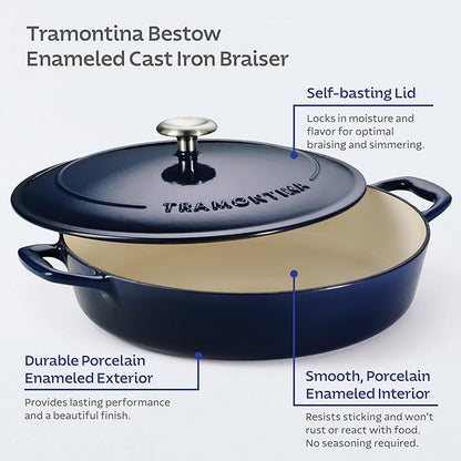 Tramontina Bestow Enameled Cast Iron Braiser Pan with Lid, 4-quart, Blue