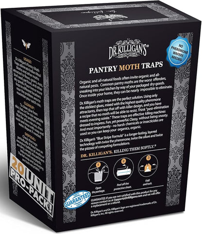 Dr. Killigan's Premium Double Potent Pantry Moth Traps with Pheromones Prime, Sticky Indian Meal Moth Traps for Kitchen, How to Get Rid of Moths in House (20 Pack, Black)