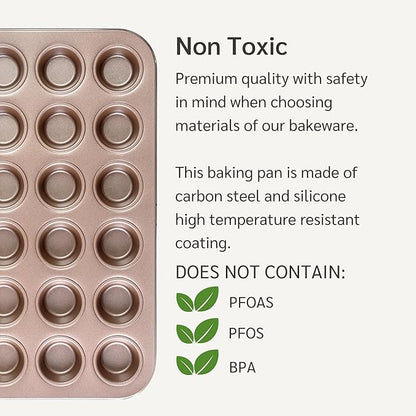HAPPIELS Non Toxic Nonstick 24 Cup Mini Muffin Pan | PFOA BPA free Nontoxic Mini Cupcake Tin | Best Non Stick Muffin Pans | Carbon Steel Small Muffin tins | Cupcakes Bakeware Mold
