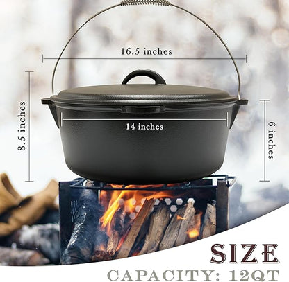 Cuisiland 12 Quart Cast Iron Dutch Oven with Dome Lid & Bail Handle – Pre-Seasoned Large Campfire Pot for Outdoor Cooking, Roasting, Baking & Stews – Heavy-Duty Cookware with Even Heat Distribution