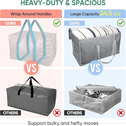 BALEINE 4-Pack Oversized Moving Bags with Reinforced Handles, Heavy-Duty Storage Tote for Clothes, Moving Supplies (Winter Grey, 4-Pack)