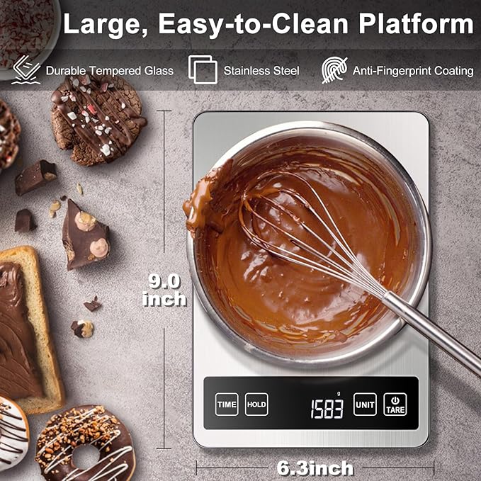 Fuzion Food Scale, 1g/0.1oz Kitchen Scale Grams and Ounces - 22lb, 7 Units, Tare & Timer Functions, Rechargeable Power, Tempered Glass & Stainless Steel - Digital Food Scale for Cooking, Baking