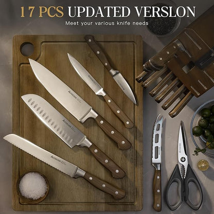 Knife Set, Astercook 17-Pieces Forged Kitchen Knife Set with Block – Full-Tang Stainless Steel Knives, Forged Triple Rivet, Luxury Walnut Handles, Gift-Ready Collection