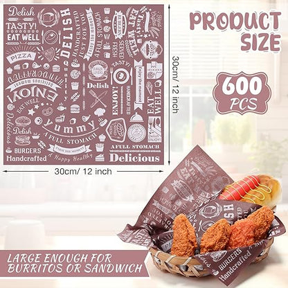 Outus 600 Pcs 12 x 12 Inch Deli Wax Paper Sheets Grease Resistant Tray Basket Liners Newsprint Paper Water and Grease Proof Sandwich Wrapping Square Hot Dog Wrappers for Food Baking (Coffee Color)