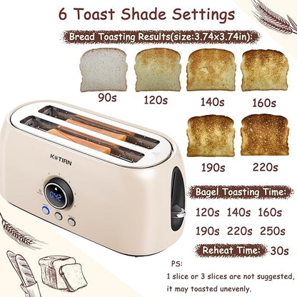 Toaster 4 Slice, KOTlAN Retro Long Slot Toasters with CountdownTimer,Stainless Steel Toaster,Bagel,Defrost,Reheat,Cancel Functions,Extra Wide Slots,6 Toast Settings,Removable Crumbs Tray,White