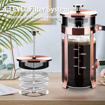 French Press Coffee Maker 304 Stainless Steel Coffee Press,with 4 Filters System, Heat Resistant Thickness Borosilicate French Press Glass, BPA-Free Brewed Tea Pot Coffee Plunger(Copper 12oz)