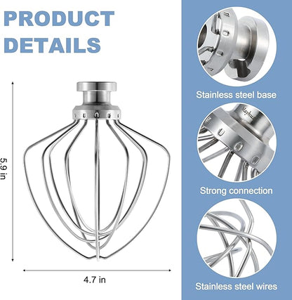 Stainless steel Wire Whip Attachment for KitchenAid Tilt-Head Stand Mixer Accessory K45SS Replacement, Egg Cream Stirrer, Cakes Mayonnaise Whisk, Whipping Egg White, Dishwasher Safe