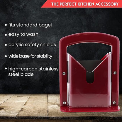 Slyce - Bagel Slicer, Bagel Cutter with Safety Shield and Safe Grip, Bagel Holder for Cutting Large and Small Bagels, Stainless Steel Blade (Red)