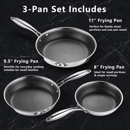 Non Stick Frying Pans Set, 8" 9.5" 11" Stainless Steel Pan Set, Ceramic Skillet with Stay-Cool Handle, Non Toxic, PFAS PFOA PTFE Free, Dishwasher Safe, Induction, Suitable with All Cooktops