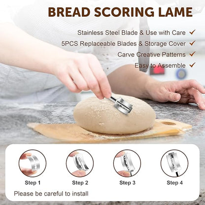 TeamFar Sourdough Bread Baking Supplies, 9” Round and 10” Oval Sourdough Starter Kit, Proofing Basket Set with Cloth Liner, Bread Lame, Whisk Dough, Bowl Scraper, Brush