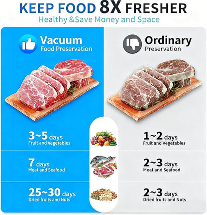 Vacuum Sealer Machine, 75kpa Rechargeable Full Automatic Food Sealer for Freshness Storage, Stainless Steel Portable Food Vacuum Sealers Machine with Pre-cut Bags, Air Hose for Outdoor Indoor