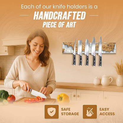 Magnetic Knife Holder for Wall 16 Inch |Premium Wood & White Resin| Epoxy Knife Magnetic Strip, Kitchen Knife Block Holder with Strong Magnet, Space-Saving, Handcrafted Style & Easy to Install