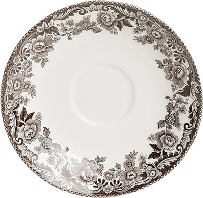 Spode Delamere 5-Piece Place Setting – Rich Brown British Flowers Border, Includes Dinner, Salad, Bread Plates with Teacup & Saucer – Fine Earthenware, Dishwasher, Microwave, Oven & Freezer Safe