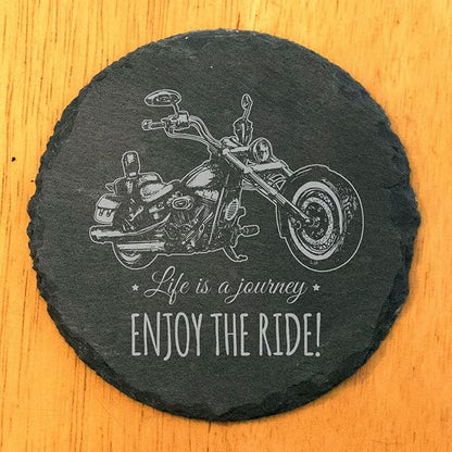 Coast in Style: Rustic Slate Coasters with Motorcycle Design - Round Slate - Set of 4