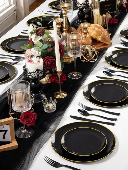 WDF 180 Pieces Black Plastic Silverware - Plastic Silverware Set Include 60 Forks, 60 Knives, 60 Spoons - Heavy Duty Black Disposable Cutlery - Disposable Utensils for New Year, Wedding