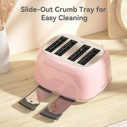 Toaster 4 Slice, Retro Stainless with 6 Bread Shade Settings,1.5''Wide Slots Toaster with Cancel/Defrost/Reheat Functions,Dual Independent Control Panel, Removal Crumb Tray (Pink)