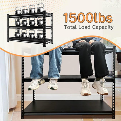 Adjustable Shelving Units and Storage, 48”W Garage Shelving Heavy Duty,1500LBS Loads 3-Tier Garage Storage Shelves, Metal Shelves for Living Room,Pantry,48”W×16”D×36”W,Black
