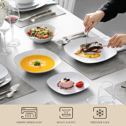 MALACASA Dinnerware Sets, 24 Piece Porcelain Square Dishes, White with Silver Rim Plates and Bowls Sets, Ceramic Dish Set for 6, Chip Resistant Dishware Sets, Series ELISA