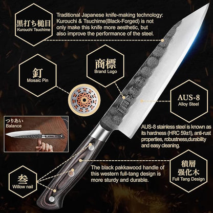 Chef Knife, Black Forged Japanese Kitchen Knife with High Carbon Stainless Steel and Full Tang Pakkawood Handle, Christmas Gift with Premium Box (8.27 Inch Kiritsuke Knife)