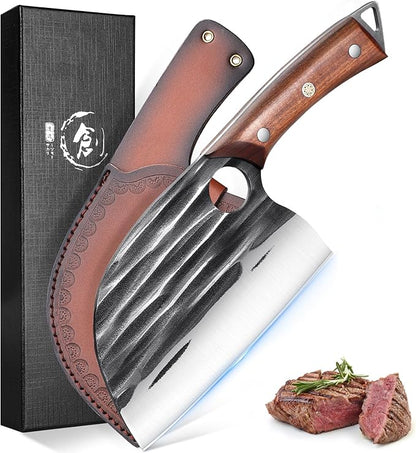 ROCOCO Serbian Chef Knife Butcher Cleaver Knife with Sheath for Kitchen Outdoor BBQ Camping Birthday Father Mother Christmas Gift Men 6.2"